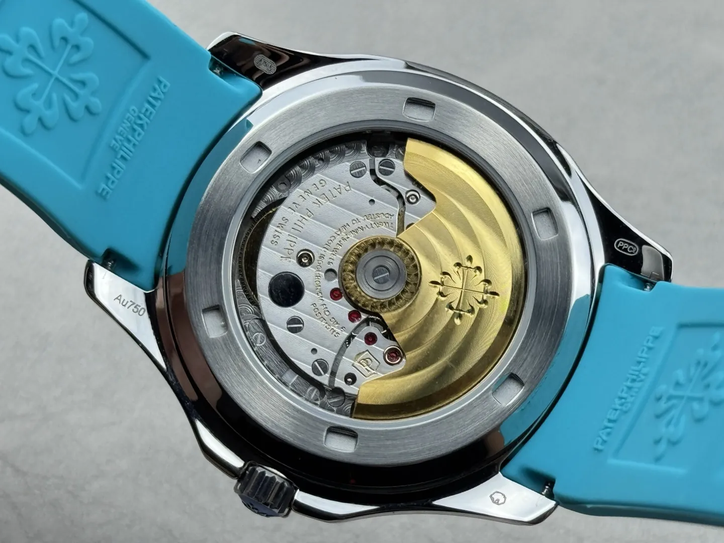 PPF Factory Patek Philippe Aquanaut 5167A Replica Sunburst Charcoal Gray Dial Tiffany Blue Rubber Strap Luxury Watch Case Back