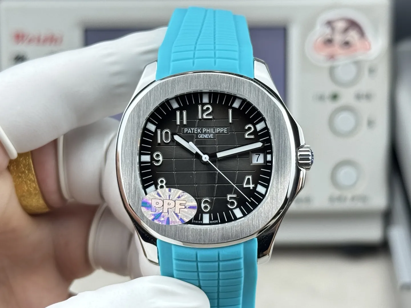 PPF Factory Patek Philippe Aquanaut 5167A Replica Sunburst Charcoal Gray Dial Tiffany Blue Rubber Strap Luxury Watch Front View