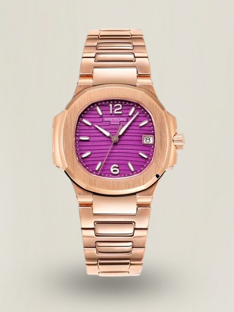 Luxury Patek Philippe Nautilus 7010 Replica Bordeaux Purple Wave Dial 32mm Rose Gold-Tone Case Women’s Watch Main Image