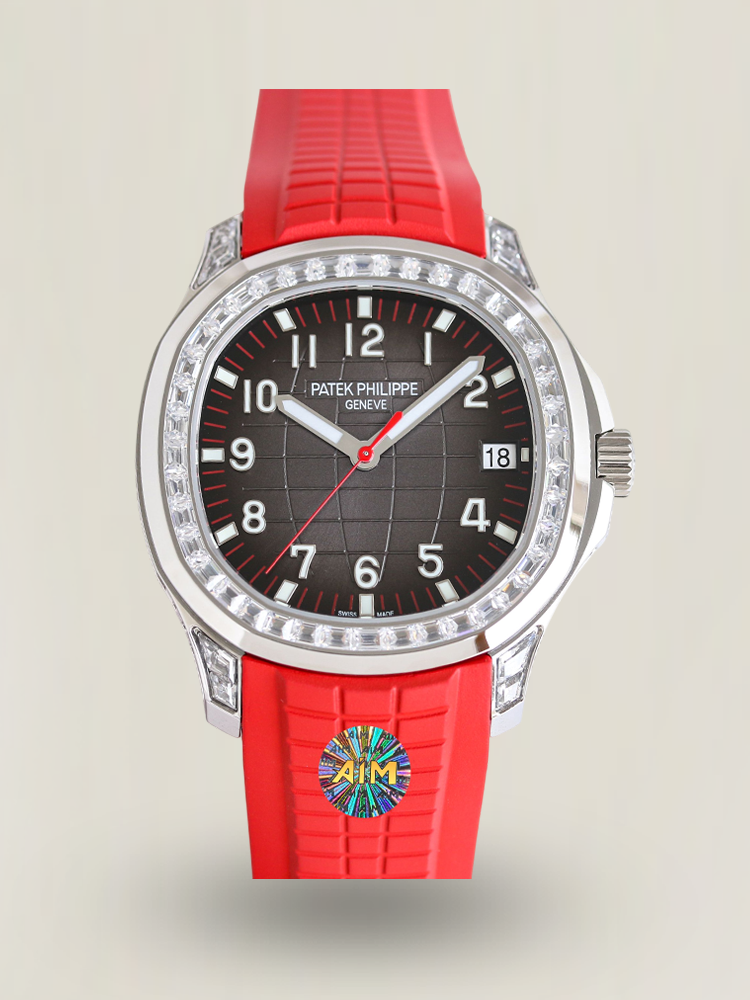 AIM Super Clone Patek Philippe Aquanaut 5167 Replica Grey Gradient Dial Watch with Diamond Bezel and Red Rubber Strap Main Image