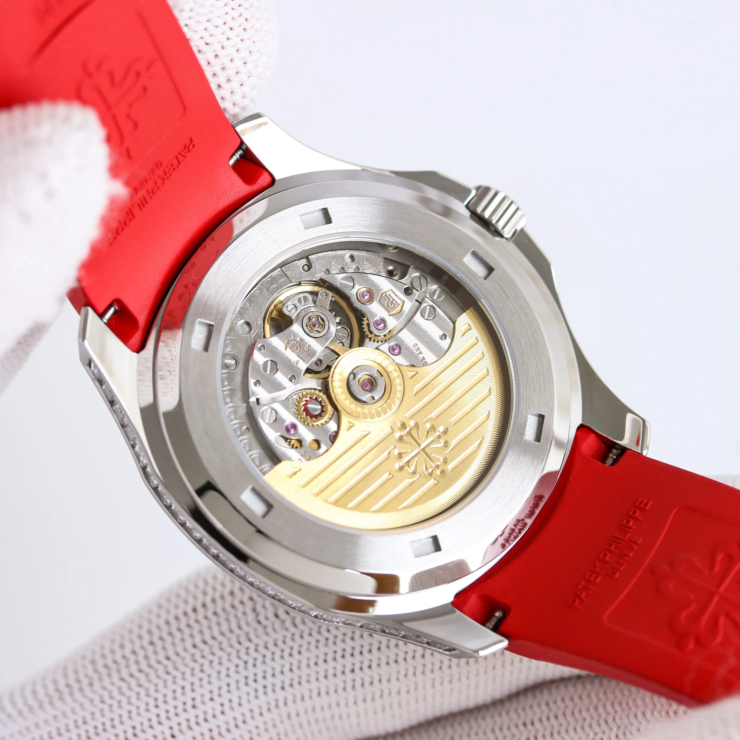 AIM Super Clone Patek Philippe Aquanaut 5167 Replica Grey Gradient Dial Watch with Diamond Bezel and Red Rubber Strap Case Back
