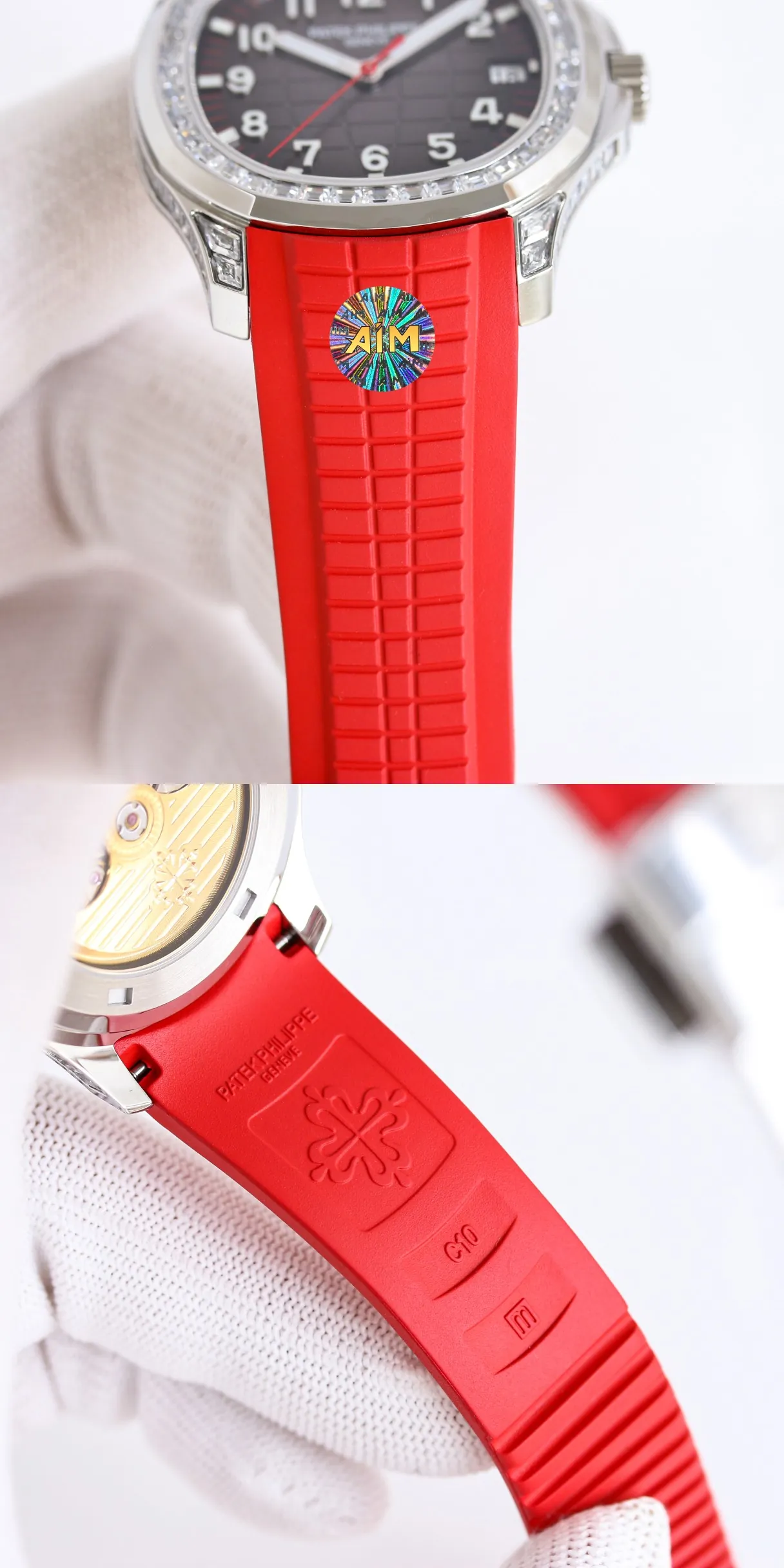 AIM Super Clone Patek Philippe Aquanaut 5167 Replica Grey Gradient Dial Watch with Diamond Bezel and Red Rubber Strap Strap