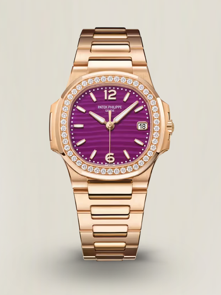 1:1 Super Clone Patek Philippe Nautilus 7010/1R-013 Replica Lacquered Purple Wave Dial Diamond Bezel 32mm Ladies Watch Main Image