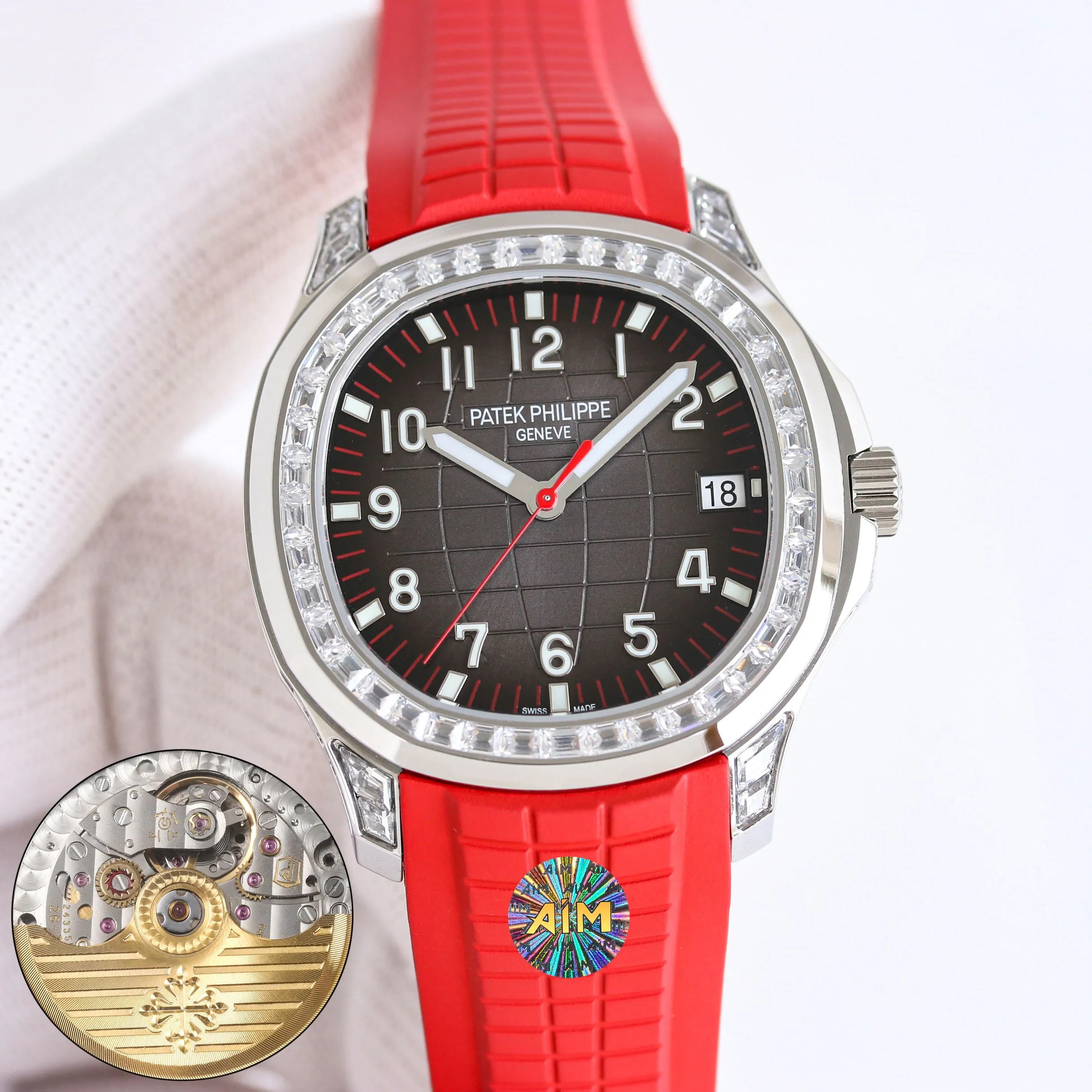 AIM Super Clone Patek Philippe Aquanaut 5167 Replica Grey Gradient Dial Watch with Diamond Bezel and Red Rubber Strap Front View
