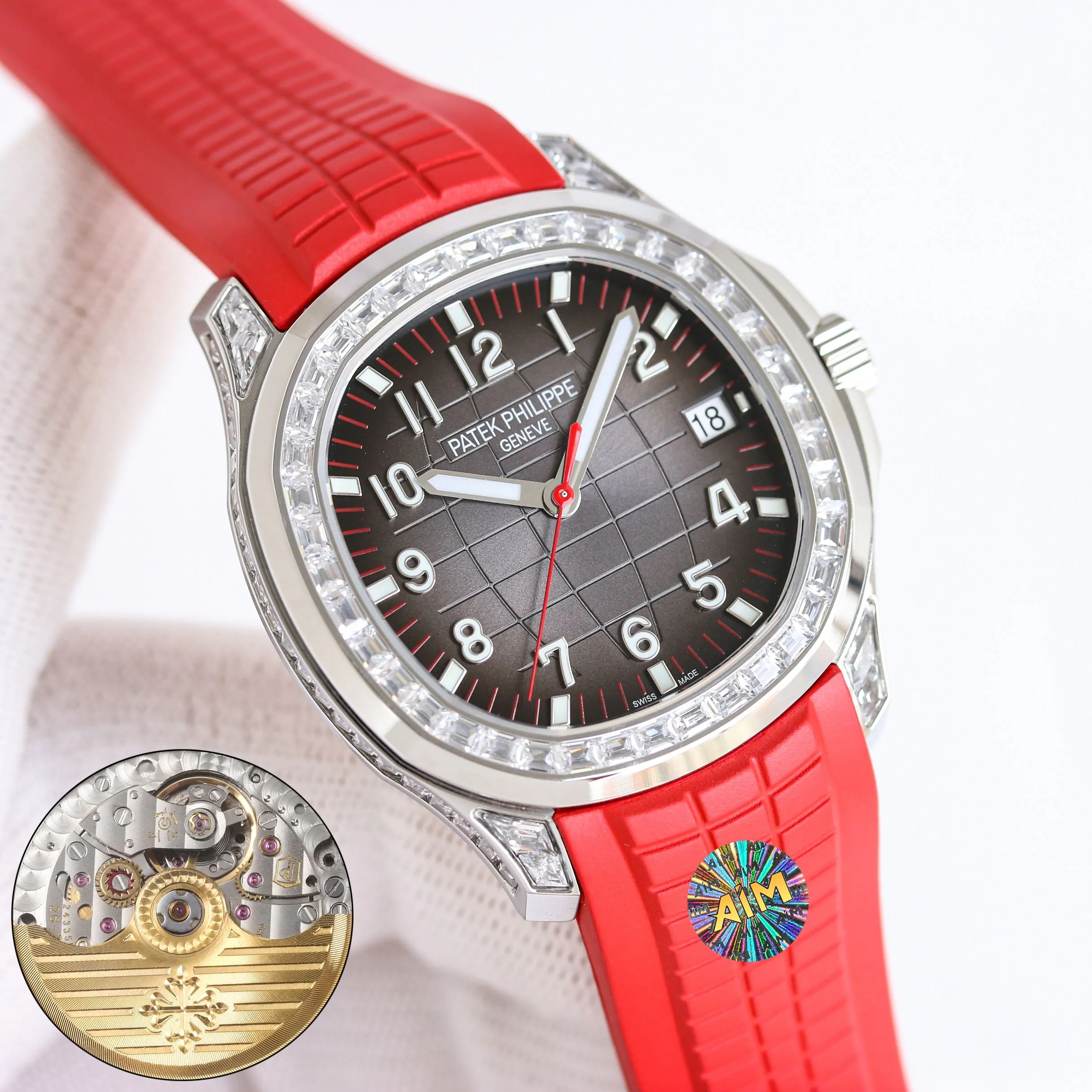 AIM Super Clone Patek Philippe Aquanaut 5167 Replica Grey Gradient Dial Watch with Diamond Bezel and Red Rubber Strap Side Profile Of The Dial