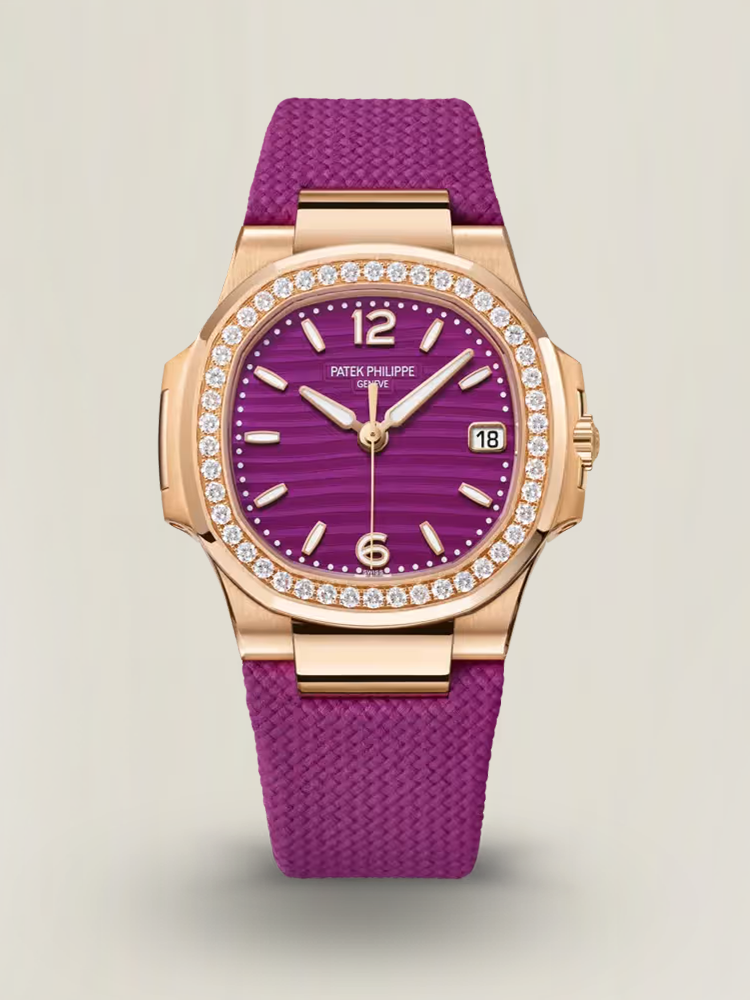 Super Clone Patek Philippe Nautilus 7010R-013 Replica 32mm Purple Wave Dial Diamond Bezel Purple Woven Strap Ladies Watch Main Image
