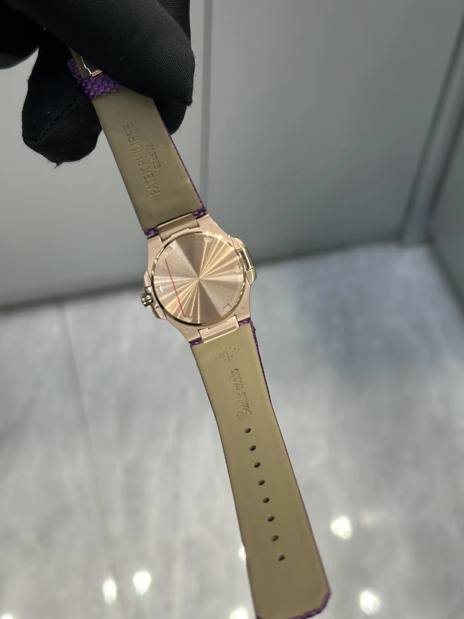 Super Clone Patek Philippe Nautilus 7010R-013 Replica 32mm Purple Wave Dial Diamond Bezel Purple Woven Strap Ladies Watch Case Back