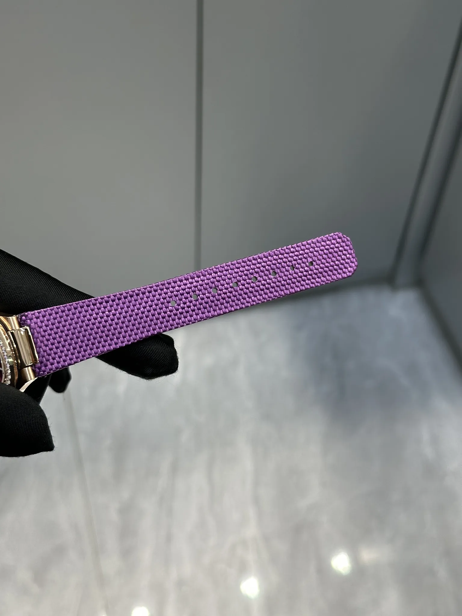Super Clone Patek Philippe Nautilus 7010R-013 Replica 32mm Purple Wave Dial Diamond Bezel Purple Woven Strap Ladies Watch Strap