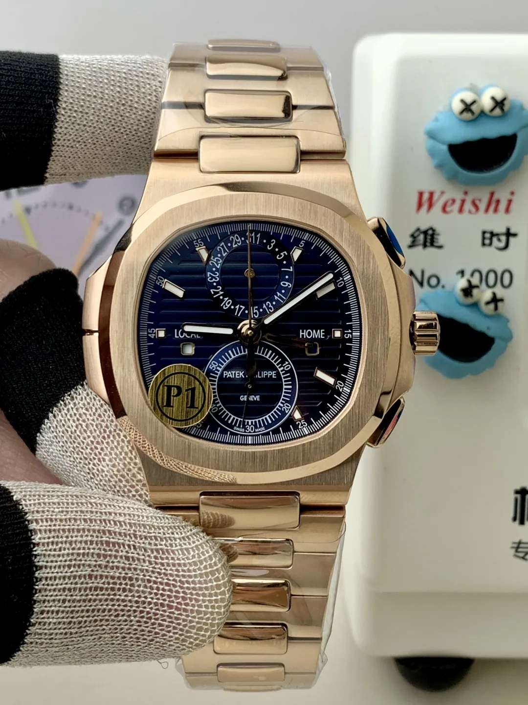 Patek Philippe Nautilus 5990/1R-001 Replica Horizontally Embossed Sunburst Blue Dial Rose Gold Tone Case Super Clone Watch Front View