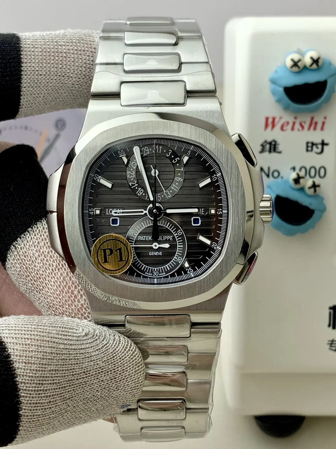 P1 Factory Super Clone Patek Philippe Nautilus 5990/1A Replica Gray Dial 40.5mm Stainless Steel Case Dual Time Watch Front View