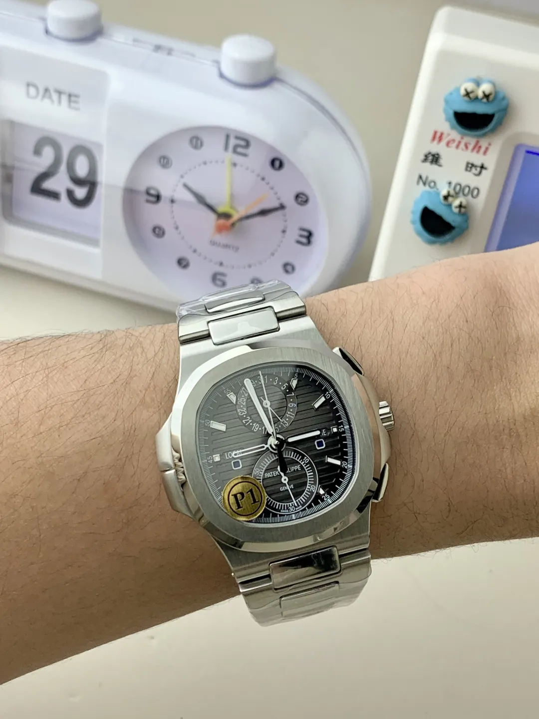 P1 Factory Super Clone Patek Philippe Nautilus 5990/1A Replica Gray Dial 40.5mm Stainless Steel Case Dual Time Watch Wrist Shot
