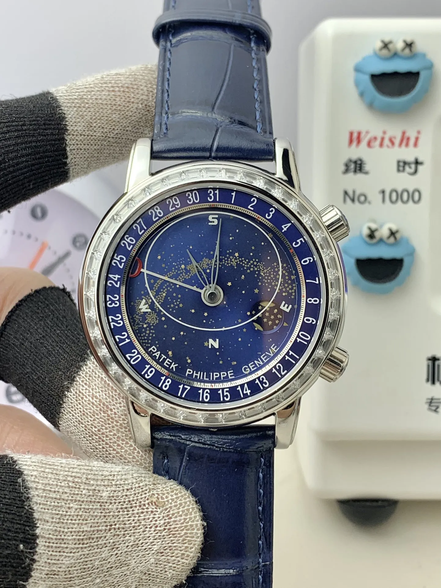 Luxury Patek Philippe Grand Complications Celestial 6104P-010 Replica 44mm Blue Astronomical Dial Baguette-Cut Diamond Bezel Watch Front View