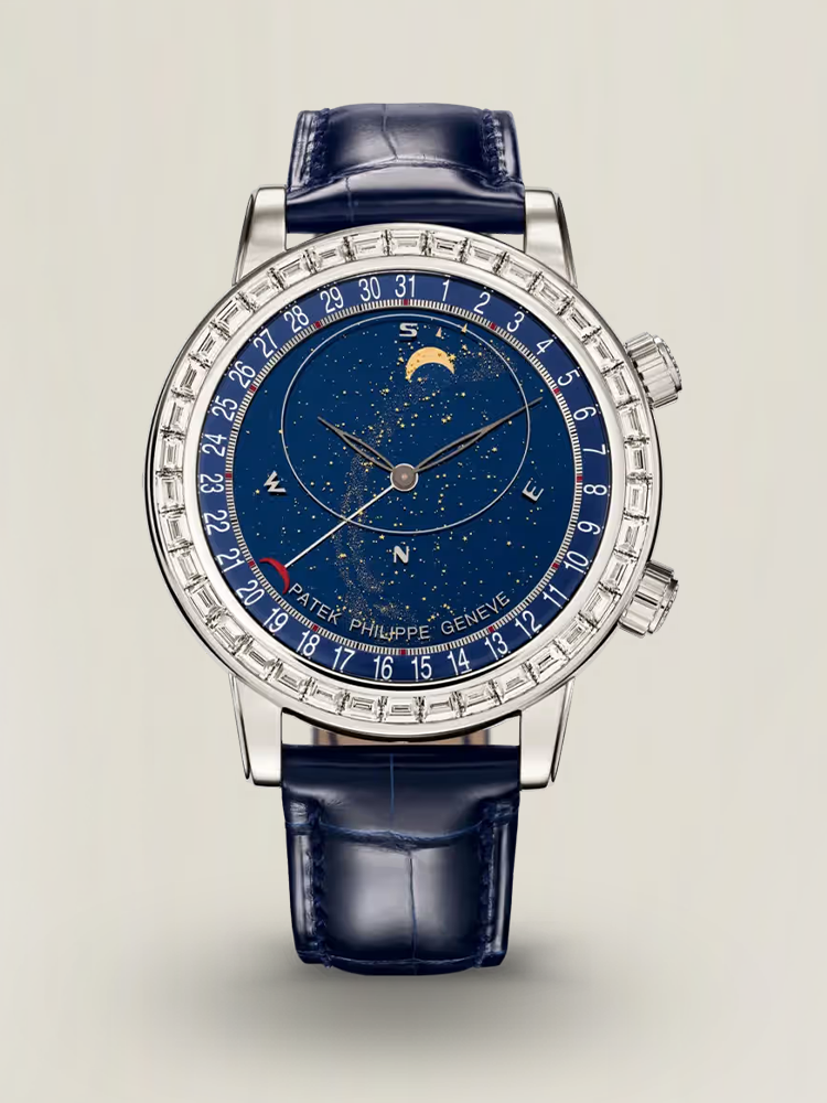Luxury Patek Philippe Grand Complications Celestial 6104P-010 Replica 44mm Blue Astronomical Dial Baguette-Cut Diamond Bezel Watch Main Image